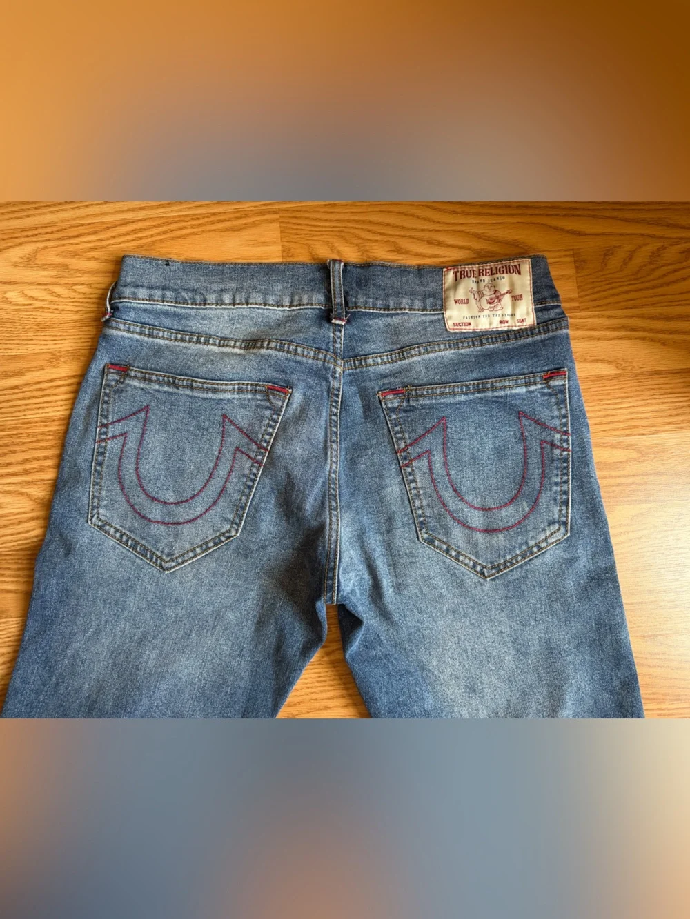 True Religion Ricky Straight Jeans Mens 32 Medium Wash Red Stitch Denim